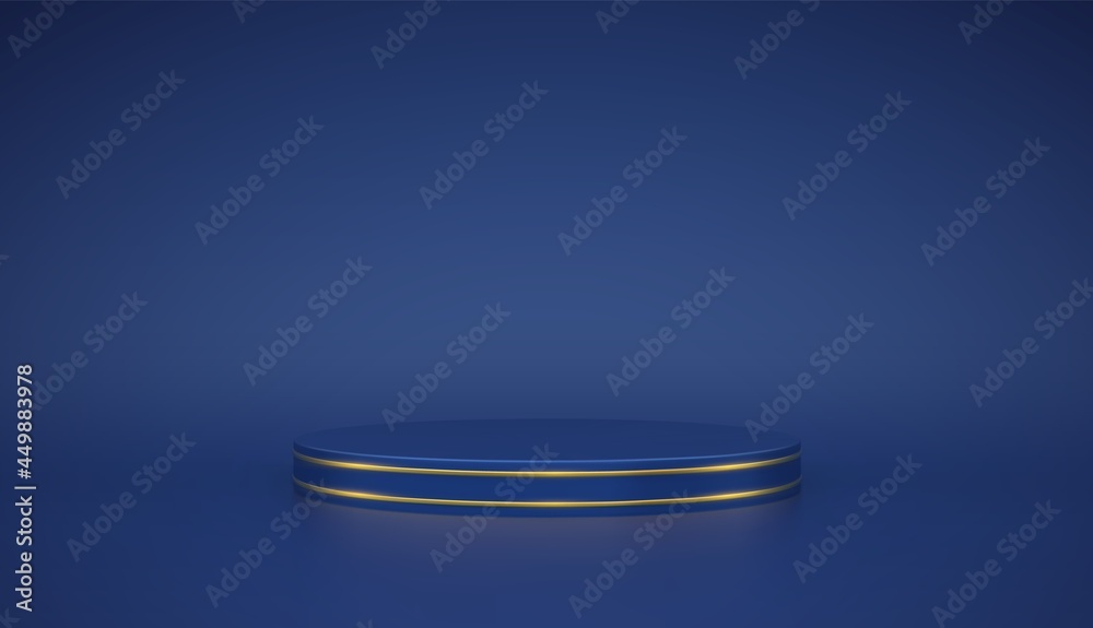 Blue round podium. Scene and 3D platform with gold circle on blue background. Blank Pedestal minimal concept. Advertising, award and win design. Show and sale template. Realistic vector illustration. Blue round podium. Scene and 3D platform with gold circle on blue background. Blank Pedestal minimal concept. Advertising, award and win design. Show and sale template. Realistic vector illustration.
