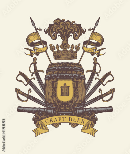 Hand-drawn coat of arms for a craft beer on an old paper background in vintage style. Vector brewery emblem with a wooden barrel, crown, spears, sabers, swords, cannons, ribbon and knightly shield