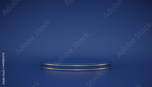 Blue round podium. Scene and 3D platform with gold circle on blue background. Blank Pedestal minimal concept. Advertising, award and win design. Show and sale template. Realistic vector illustration.