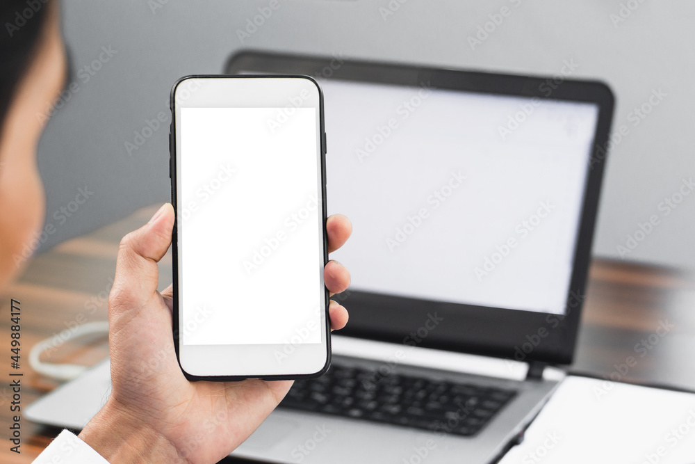 Closeup hand holding smartphone mockup screen background technology ,mobile phone, cellphone, phone