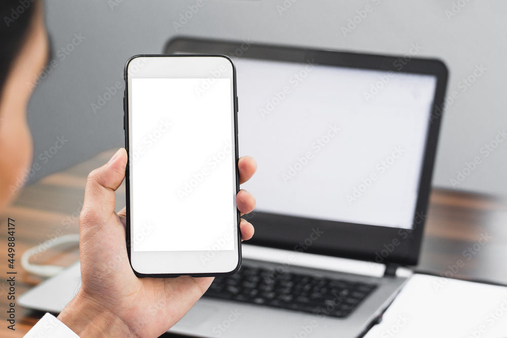 Closeup hand holding smartphone mockup screen background technology ,mobile phone, cellphone, phone