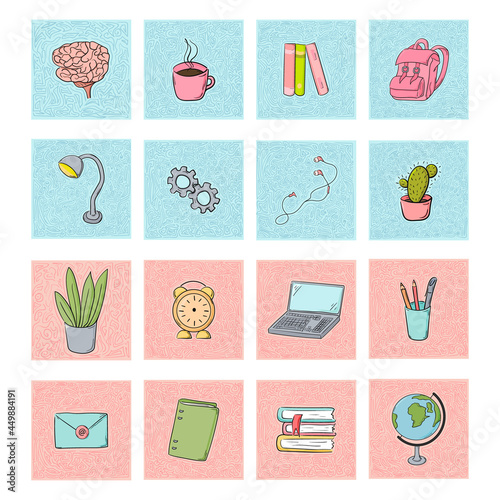 A collection of stickers for students. Hand drawing. Vector illustration. Cute cartoon style.