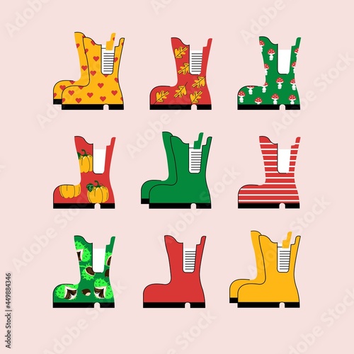 Rubber boots. A set of multi-colored, brightly patterned boots. Vector illustration. Autumn shoes.
