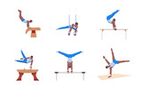 A gymnast with an athletic physique performs an artistic gymnastic programme on variable apparatuses. Vector flat design illustration. Individual all-around competition set.