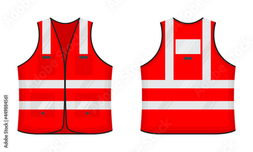 Safety reflective vest icon sign flat style design vector illustration set. Red fluorescent security safety work jacket with reflective stripes. Front and back view road uniform vest.