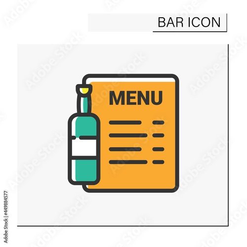Bar menu color icon. Brochure, flyer, list. Alcohol, restaurant, night club, bar menu. Cocktail party and drinking establishment concept. Isolated vector illustration
