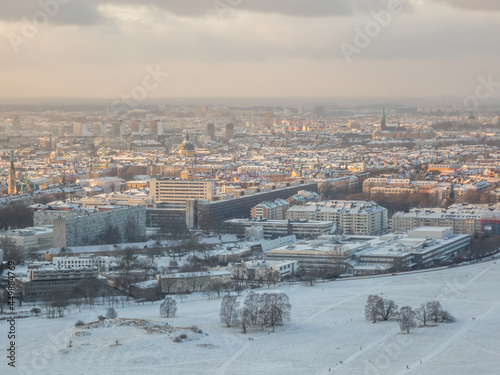 Photography Aerial view of the beautiful snowy city of Stockholm under the cloudy sky in Swe