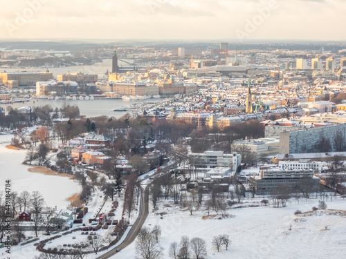 Photography Aerial view of the beautiful snowy city of Stockholm under the cloudy sky in Swe