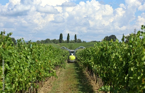 Back view of an agricultural sprayer machine trailed by a tractor sprinkling chemical pesticides on the vineyards. 