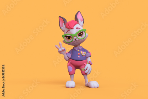 Young smiling scout hare boy dressed in red pants, blue shirt with badges and patches doing victory sign. 3d render of cartoon bunny with bangs in green glasses, compass on his hand on yellow backdrop