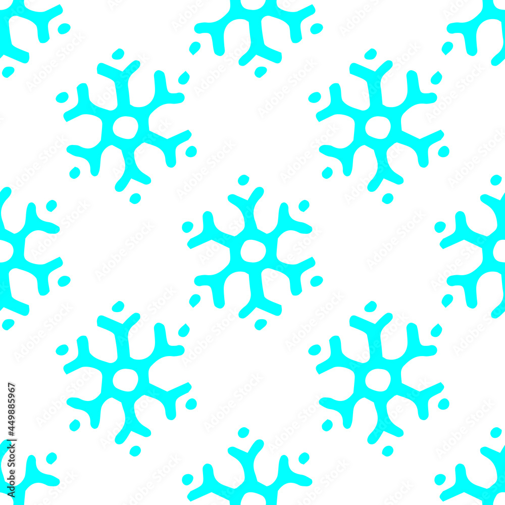 Vector seamless pattern of simple turquoise snowflakes. a pattern of doodle-style snowflakes with dots, bright blue color is evenly arranged on a white background for a winter design template