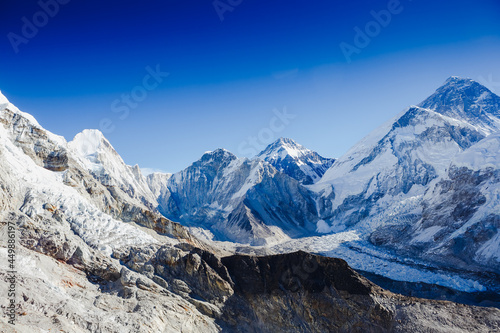 panoramic view of Khumbu Glacier and Mount Everest with beautiful sky - Khumbu valley - Nepal © olyphotostories