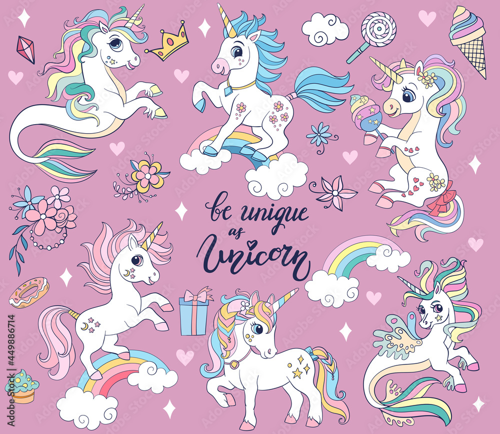 Set of cute cartoon unicorns and sea unicorns vector illustration