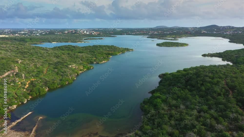Aerial view above scenery of Curacao, the Caribbean with ocean and coast Aerial view above scenery of Curacao, the Caribbean with ocean and coast