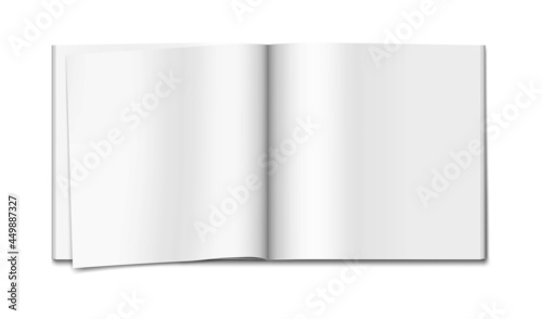 Open white blank paperback note book, vector mock-up. Journal or magazine, realistic mockup. Brochure, booklet or catalog empty pages, template
