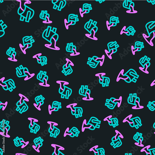 Line Molten gold being poured icon isolated seamless pattern on black background. Molten metal poured from ladle. Vector