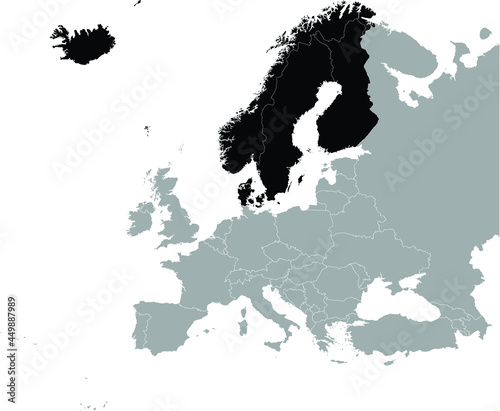 Black Map of North Europe-Nordic countries on Gray map of Europe 