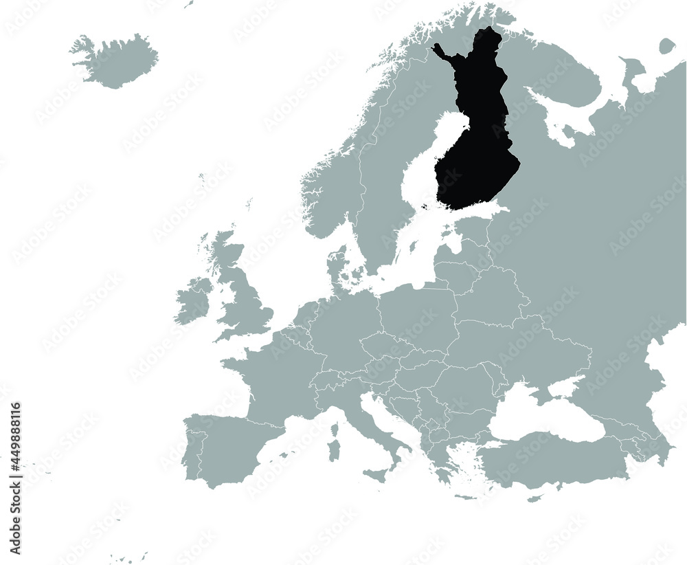 Black Map of Finland on Gray map of Europe 