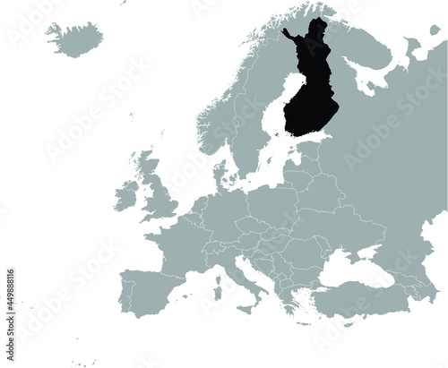 Black Map of Finland on Gray map of Europe 