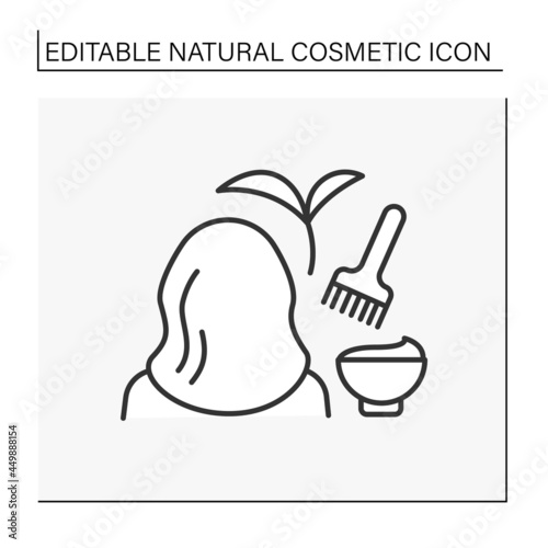 Hair-dyeing line icon. Hair coloring with organic ingredients. Woman doing beauty procedure at salon. Natural cosmetic concept. Isolated vector illustration. Editable stroke