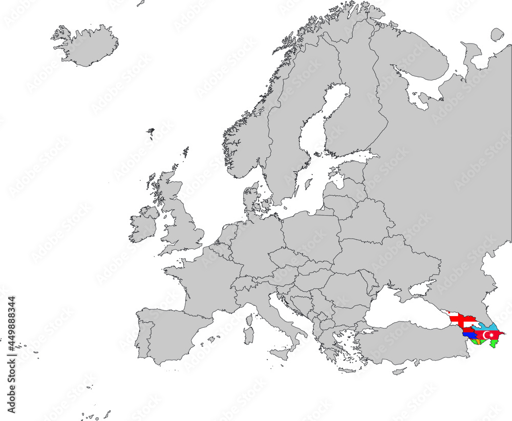 Map of Caucasus countries with national flag on Gray map of Europe 