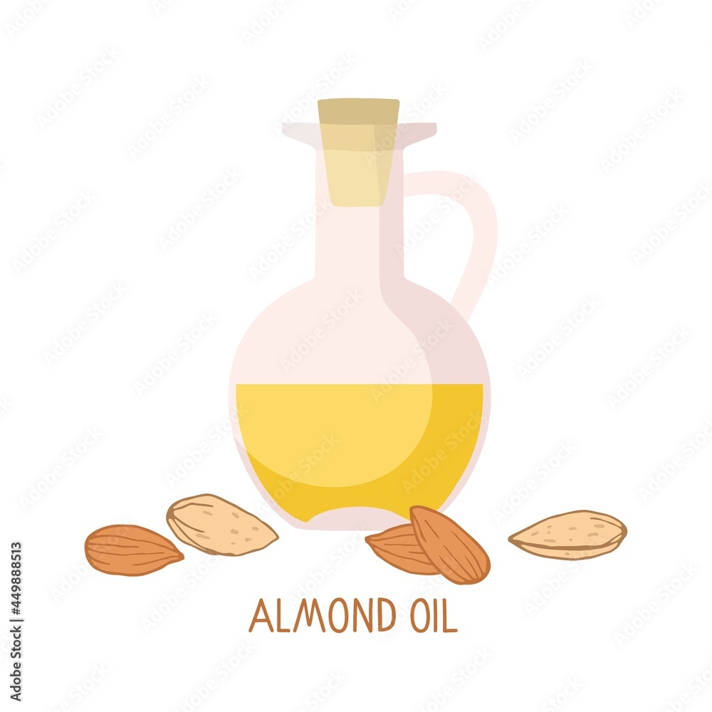 Almond oil in glass bottles and almond nut. Organic health care products. Healthy nutrition product. For cosmetics, spa and massage, for cooking cartoon style isolated on white. Almond oil in glass bottles and almond nut. Organic health care products. Healthy nutrition product. For cosmetics, spa and massage, for cooking cartoon style isolated on white.