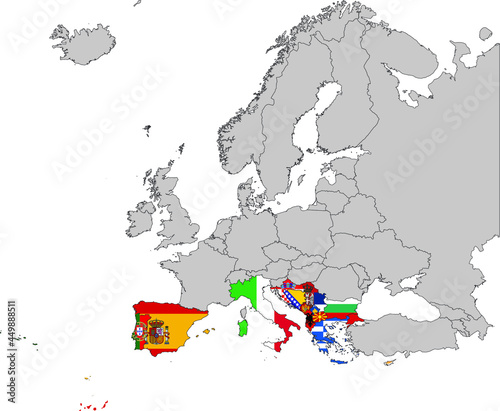Map of South Europe countries with national flag on Gray map of Europe 