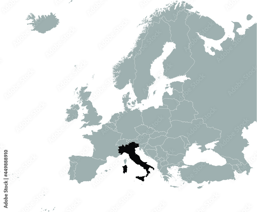 Black Map of Italy on Gray map of Europe 