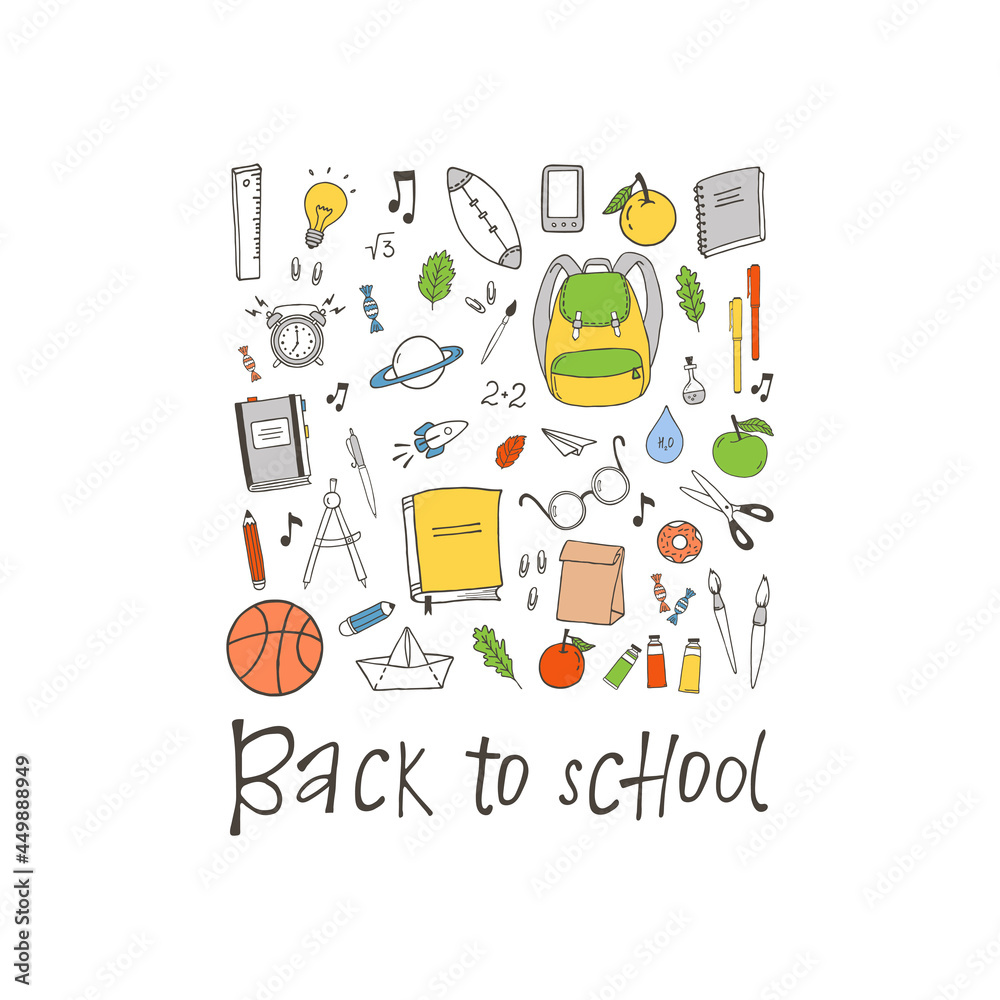 Hand drawn school stuff vector illustration. Back to school lettering. Hand drawn school stuff vector illustration. Back to school lettering.