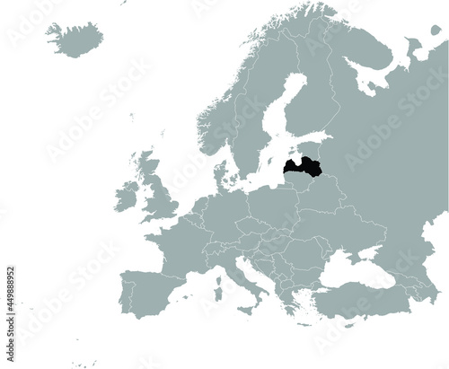 Black Map of Latvia on Gray map of Europe 