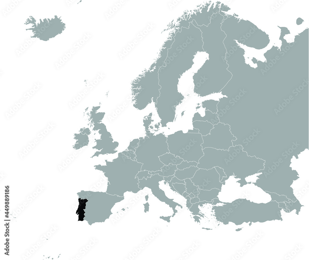 Black Map of Portugal on Gray map of Europe 