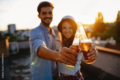 Canvas Print Happy cheerful couple having fun together on date outdoor