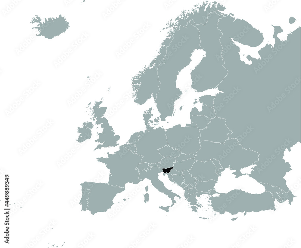 Black Map of Slovenia on Gray map of Europe 