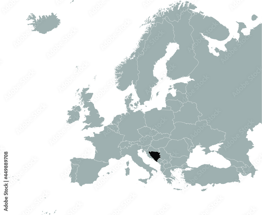 Obraz premium Black Map of Bosnia and Herzegovina on Gray map of Europe 