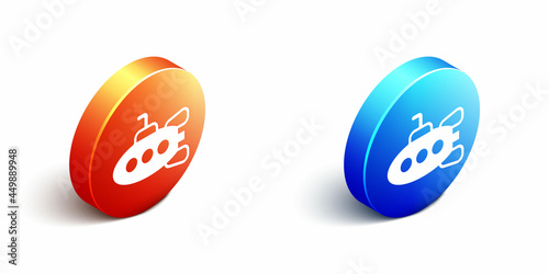 Isometric Submarine toy icon isolated on white background. Orange and blue circle button. Vector