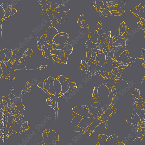 Elegant outline sketching of magnolia flowers, vector illustration, seamless pattern