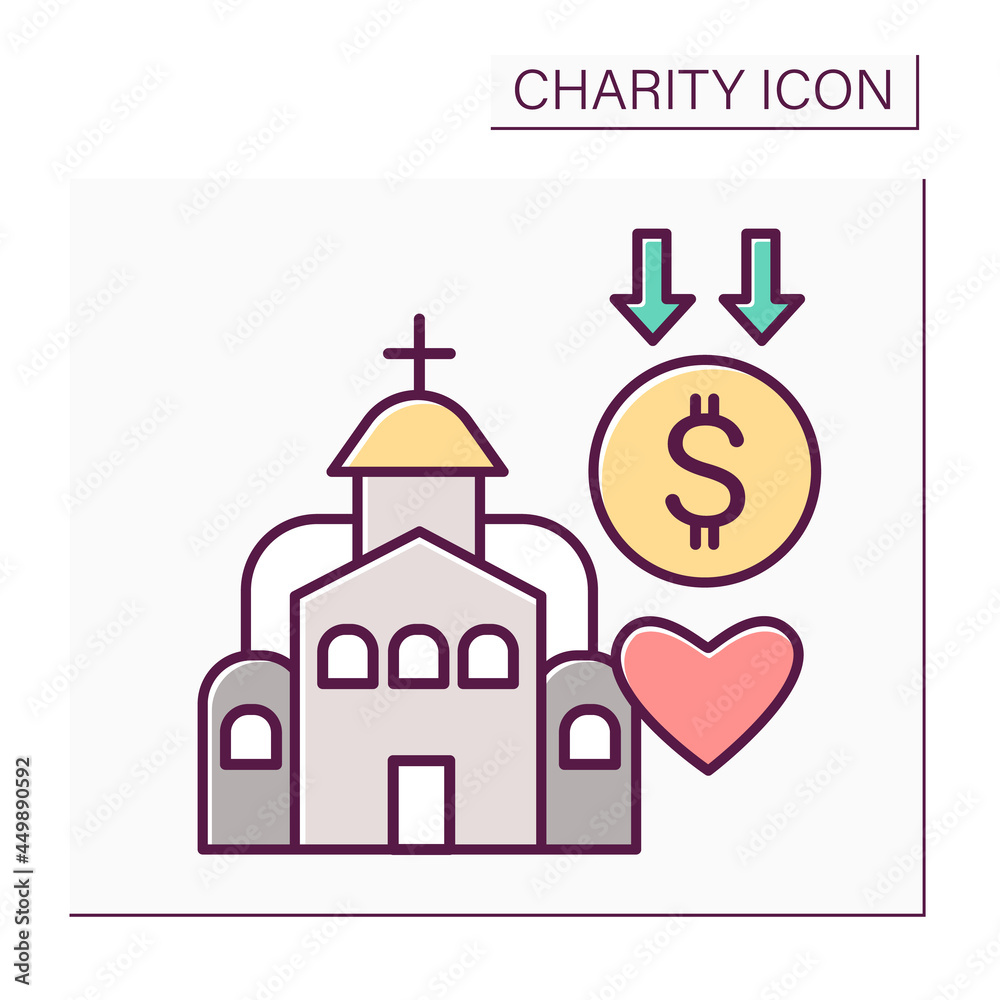 Church donation color icon. Ecclesiastical tithes. Donations for church restoration. Humanitarian assistance. Charity for religion. Volunteering and charity concept. Isolated vector illustration