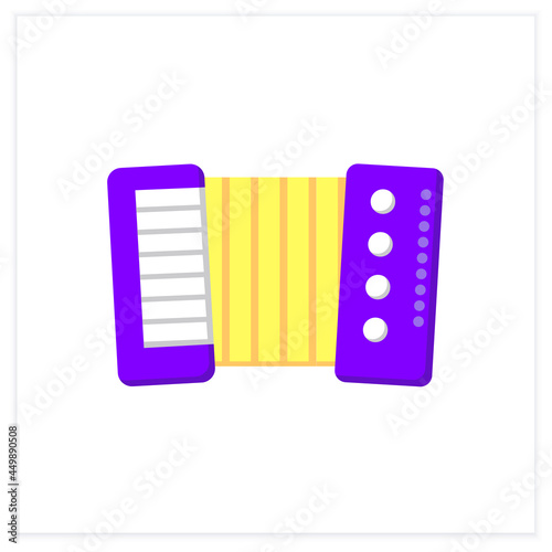  Accordion flat icon. Squeezebox. Box-shaped, bellows-driven folk musical instrument. Classical, ethnic and modern music. Music from different countries. 3d vector illustration