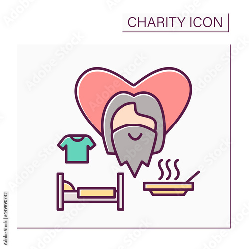 Homeless shelter color icon. Help centers for peoples in need. Flophouses. Food, shelter and clothing for the homeless. Volunteering and charity concept. Isolated vector illustration