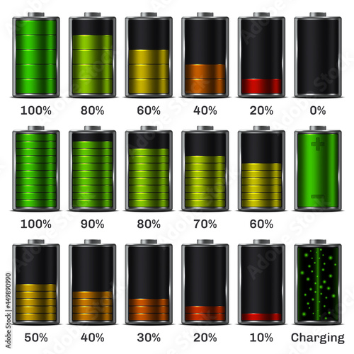 Set of battery charge level indicators. Objects are isolated on white background. Battery charging. Vector illustration.