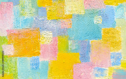 Highly textured colorful abstract painted background with geometric pattern. Brush stroke. Natural texture of oil paint. High quality details.  © Na-um