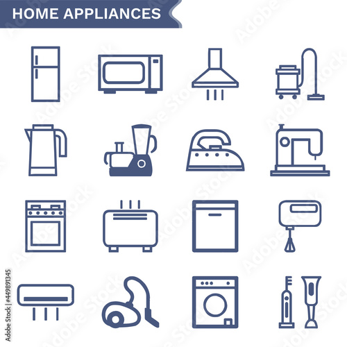 Home appliances vector line icon set on white background. Set of 16 vector icons