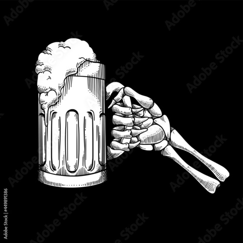 Hand Skull Holding Beer Hatching Lineal Style