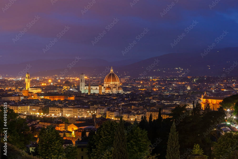 View of the city of Florence from the Piazzale Michelangelo on a summer night