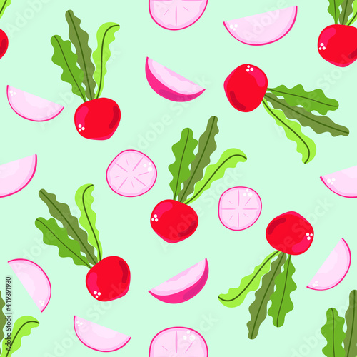 Seamless pattern of radish on blue background. Kitchen concept. Fresh vegetables. Flat illustration.