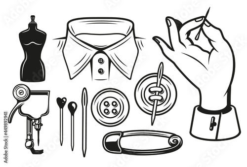 A mini set of tailor tools with button, needle, pin, shirt collar and others
