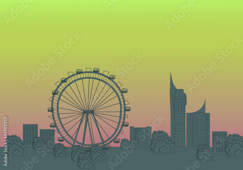city skyline in red, silhouettes of vienna: Viennese Ferris wheel, skyscrapers and other buildings for a banner, postcard or poster. Vector graphics