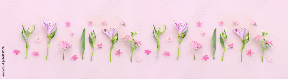 Top view image of pink and purple flowers composition over pastel background .Flat lay. Banner