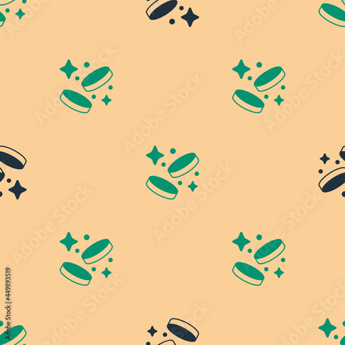 Green and black Gold coin money icon isolated seamless pattern on beige background. Banking currency sign. Cash symbol. Vector