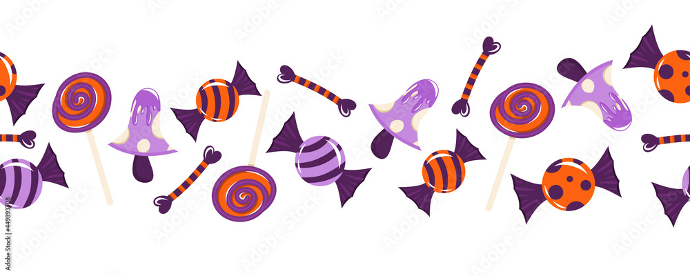 Obraz premium Seamless border for Halloween with sweets, bones, mushrooms. Vector illustration of a seamless pattern